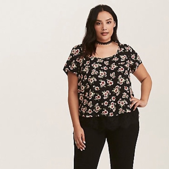 Floral Print Lace Hem Top - Picture 1 of 6